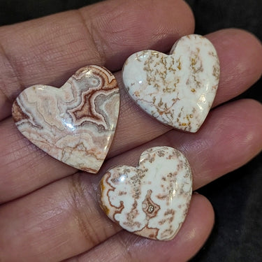 59.5Ct 3Pcs Natural Rosetta Jasper Heart Cabochons LOT. Size range approx. 21x21mm to 24x24mm